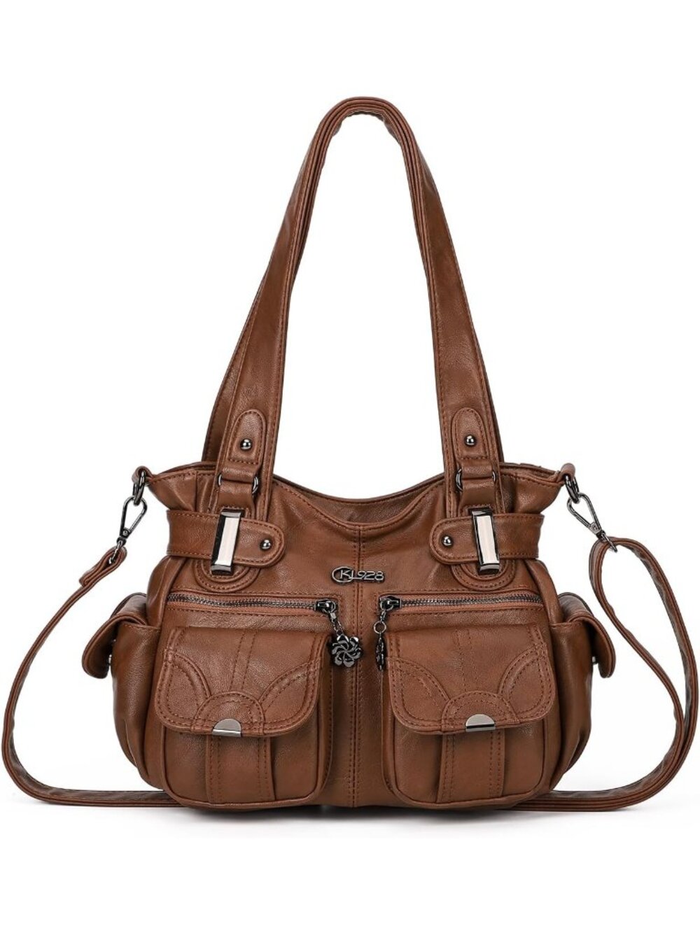Women's 02 Brown PU Leather Multi-Pocket Hobo Tote Handbag Shoulder Bag